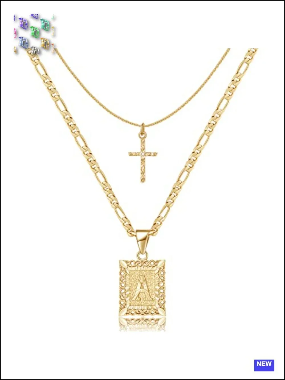 14k Gold Plated Stainless Steel Layered Initial Cross Pendant Necklace